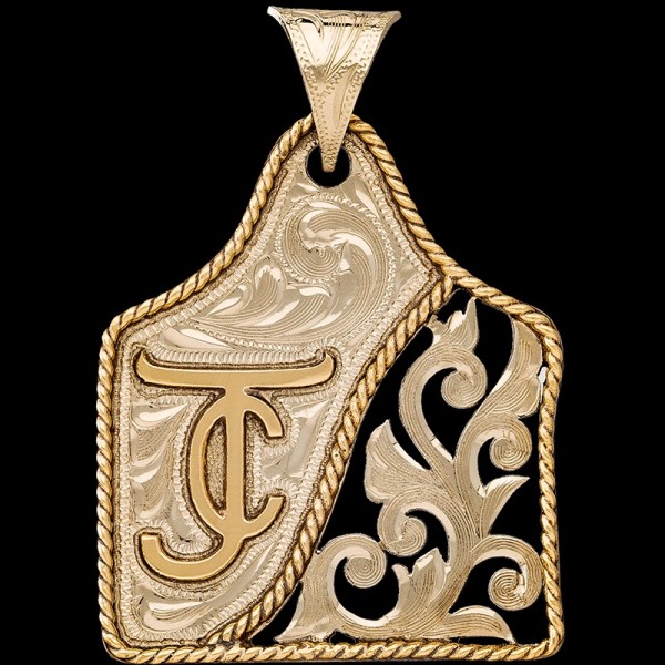 Espresso, German Silver base 1.75"x1.50" with scrollwork. Jewelers Bronze, ranch logo, and rope edge.

Chain not included. 
 

Ranch brands 